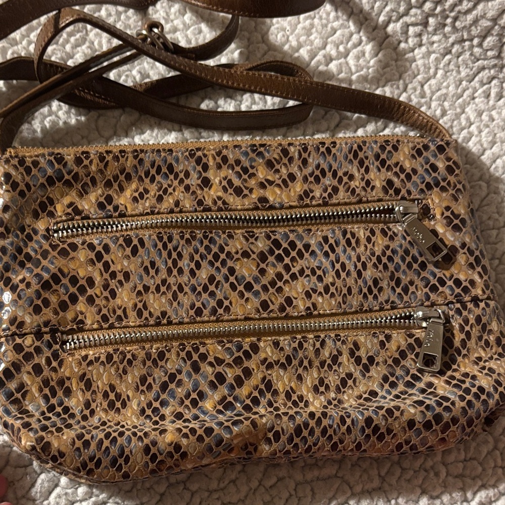 HOBO Tan/Brown Faux-Snake Crossbody Bag with Double Zips